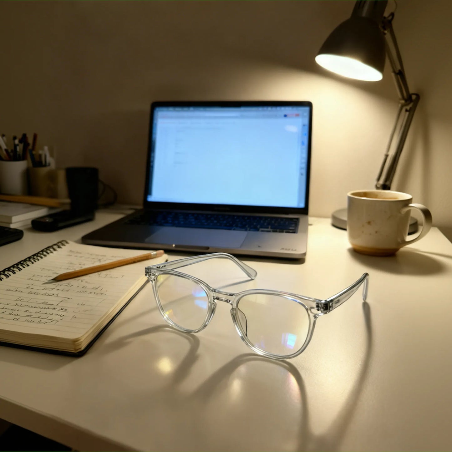Bekhly Blaulichtfilter Brille rund transparent am Laptop