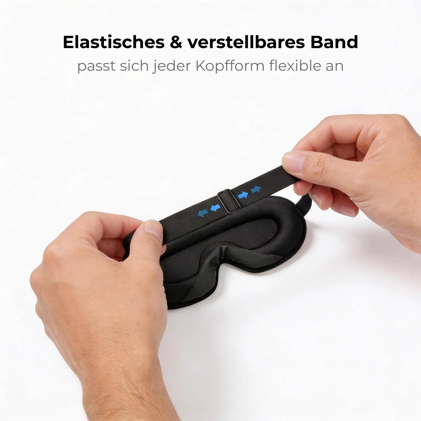 Schwarze Bekhly Schlafmaske – Hände stellen das elastische und verstellbare Kopfband ein